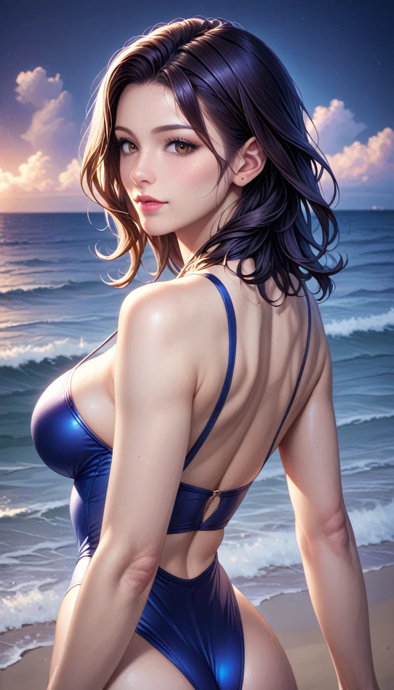 score_9, score_8_superior, score_7_superior, High resolution 3D anime style,A masterpiece in 32K resolution,Highest quality,it is really amazing,Very detailed,Ultra-high resolution,Ultra-realistic,Realistic,Increased depth of field,Cinematic lighting,
(Sexy mature Japan woman:1.2),
(black straight medium hair:1.1),(Ultra-detailed and beautiful face:1.1),(Calm and gentle look:1.1),Beautiful brown eyes,Translucent white skin,Realistic skin texture,Great proportions,
Elegant swimwear,
Summery design,Chic color scheme,Beautiful and delicate decoration,Detailed fabric texture,
(Dark overcast sky on a dull night:1.1),(Dark clouds filling the sky:1),(Thundercloud:1),Coastline at night,Stormy seas,(delay々A desolate sandy beach that continues:1),
dramatic,(Beautiful back view:1.2),