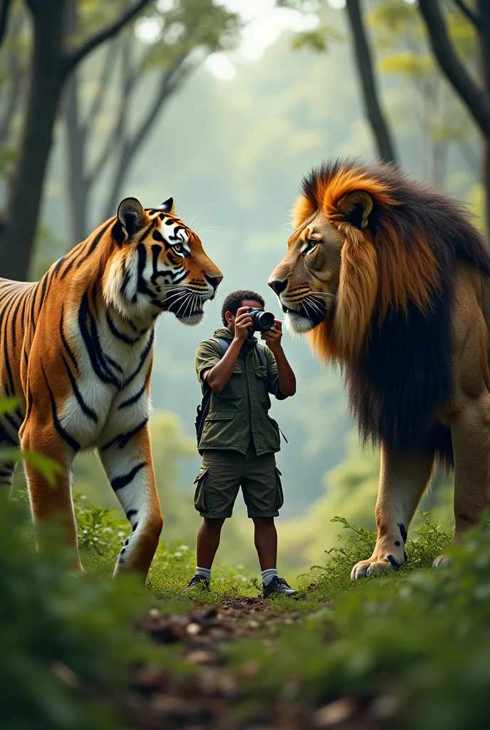 A photographer with a tiger and a lion