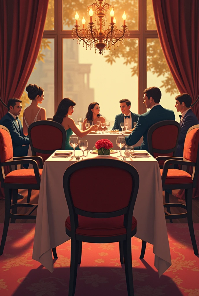 Ilustración digital de restaurante elegante pov: table with a background w people 
The pov must be a date but the chair Infront of the camera is empty 
Less realistic art style 