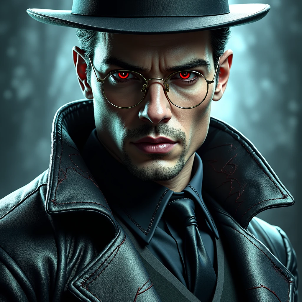 Create the image of a black vampire with crimson eyes, who wears dark colored clothes (with a black leather overcoat, a hat that covers part of your head well and glasses, juliet style) following the following story:
Geroult Belmont was a renowned vampire hunter in early 20th century Europe.. in 1920, after years of loyal service to his master, Damian Wayne, Geroult was bestowed with a gift that would seal his loyalty forever.. Damian, a powerful vampire, hugged Geroult, turning him into an immortal, not as a servant, but as a son.
From that moment, Geroult is no longer just a hunter; he became part of Damian's ancient and powerful vampire family. Under the tutelage of his new father, he learned to master his new powers, diving deep into the supernatural world. Damian entrusted Geroult with the most difficult missions, sending him as a mercenary in the shadows, to fight in the bloodiest wars of the century. Geroult fought in the trenches of World War II, in the jungles of Vietnam, and in the deserts of the Middle East, always fulfilling his duty to the family.
After decades of bloody battles, Geroult Belmont, the once vampire hunter turned immortal, was at the height of his power. Living with Damian Wayne, the vampire who embraced him and transformed him, had refined his skills, making him a living legend among those who inhabited the shadow world. Damian, always a demanding and astute mentor, knew the intricacies of human and supernatural wars, and molded Geroult to be his ultimate warrior, your emissary on the most dangerous missions.