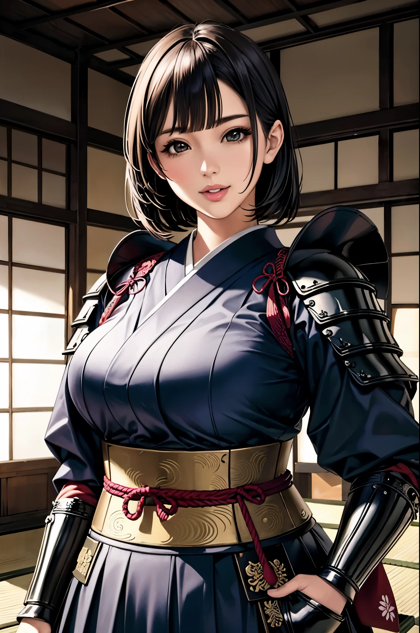 (Browsing Caution), (RAW Photos), (Realistic), (Photorealistic), Ultra-high resolution, masterpiece, Highest quality, Portraiture, facial Portraiture, Perfect lighting, Detailed lighting, Dramatic Shadows, Ray Tracing, Pure Eros Face_v1, Urzan-6500-v1.1, (1 beautiful Japanese woman), ((gentle smile)), ((upper body:1.2)), ((random standing pose)), looking at viewer, ((wearing a samurai armor)), ((in old Japanese castle)),