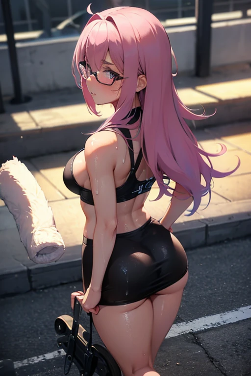 1 anime girl, young, hips, muslos Normales, Normal, huge , Wet, Wet body, No bras, No top or bottom underwear, bare breasts, looking back, view from behind, black fur, Glasses, for the taken, turning to look back, blush, frowning expression, towel in your hand, Skatepark background, on a skateboard, Empty skate park, in Skatepark, night background, right hand grabbing the buttock, , touching a buttock, sexy, high quality, provocative, cum in the ass, ass with cum, cum dripping.