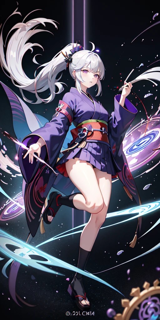 One person, kimono, ponytail ,Gray Hair, Purple eyes, magic circle, Blue Fire, Blue Flame, wallpaper, landscape, Blood, Blood splatter, Depth of written boundary, night, Particles of light, light, Side light, Thighs, destiny \(series\), Genshin Impact, ****, Open jacket, skirt, Knee socks, cloud