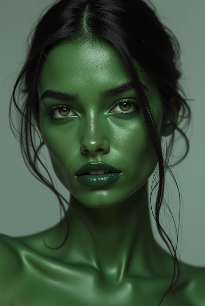 A green skinned woman, grey bg