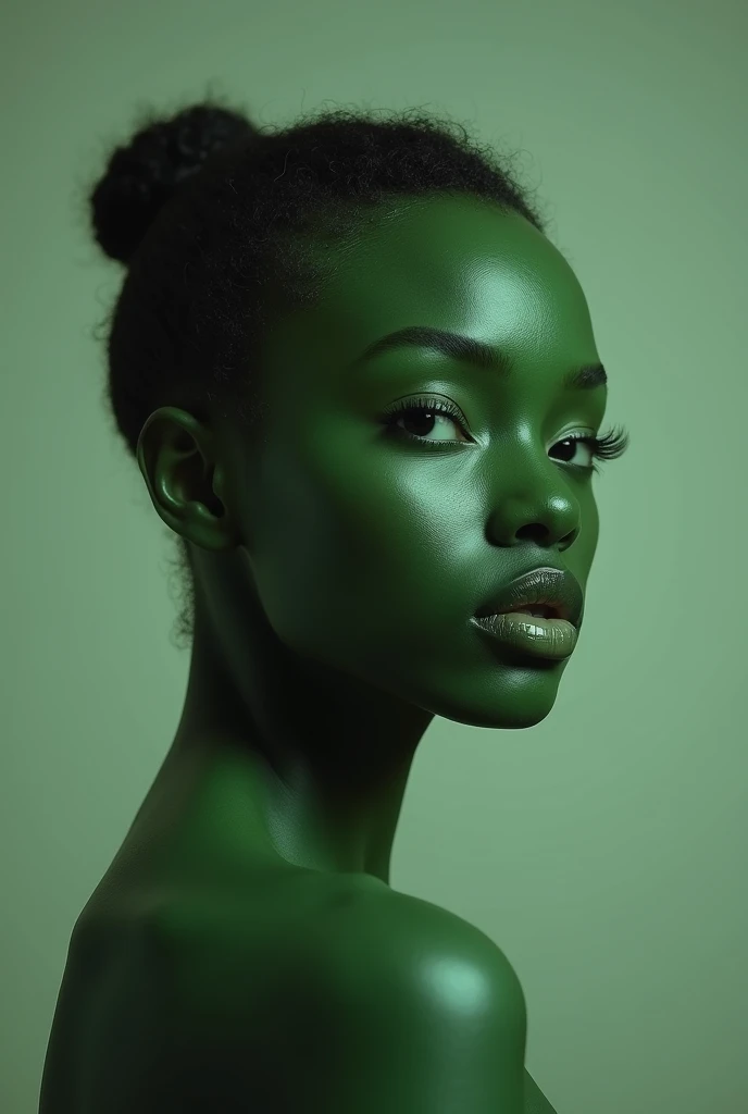 A green skinned woman, grey bg
