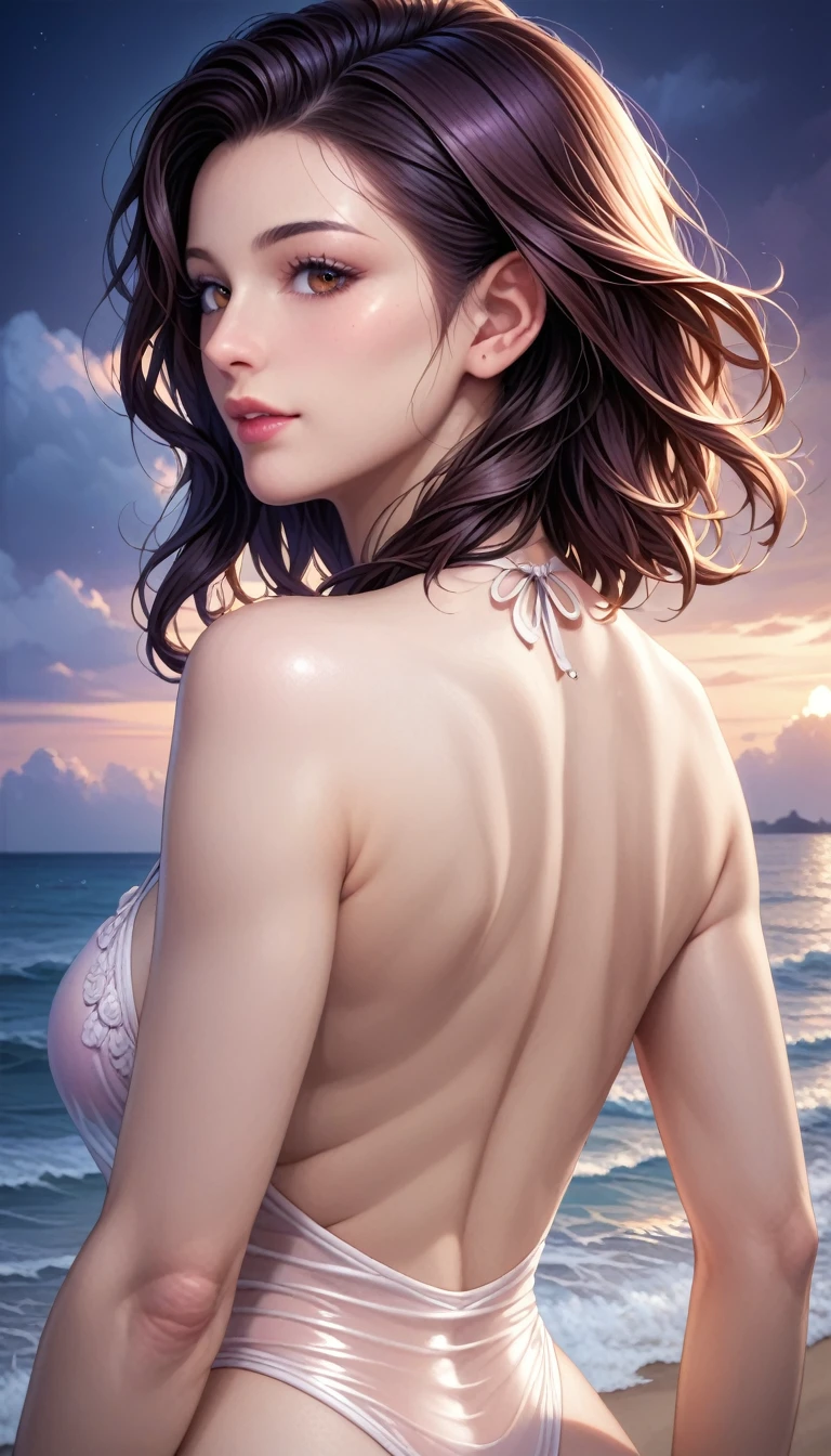 score_9, score_8_superior, score_7_superior, High resolution 3D anime style,A masterpiece in 32K resolution,Highest quality,it is really amazing,Very detailed,Ultra-high resolution,Ultra-realistic,Realistic,Increased depth of field,Cinematic lighting,
(Sexy mature Japan woman:1.2),
(black straight medium hair:1.1),(Ultra-detailed and beautiful face:1.1),(Calm and gentle look:1.1),Beautiful brown eyes,Translucent white skin,Realistic skin texture,Great proportions,
Elegant swimwear,
Summery design,Chic color scheme,Beautiful and delicate decoration,Detailed fabric texture,
(Dark overcast sky on a dull night:1.1),(Dark clouds filling the sky:1),(Thundercloud:1),Coastline at night,Stormy seas,(delay々A desolate sandy beach that continues:1),
dramatic,(Beautiful back view:1.2),