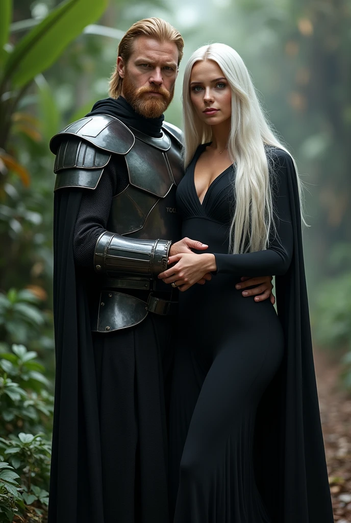 (photorealism:1.2), beautiful woman, women wearing sith robe, women wearing black tight pants, women has long white hair, women has silver eyes, outdoors, soft lighting, plants in background, man princess carrying her , man has blonde hair and beard, Man is in sith armor, 