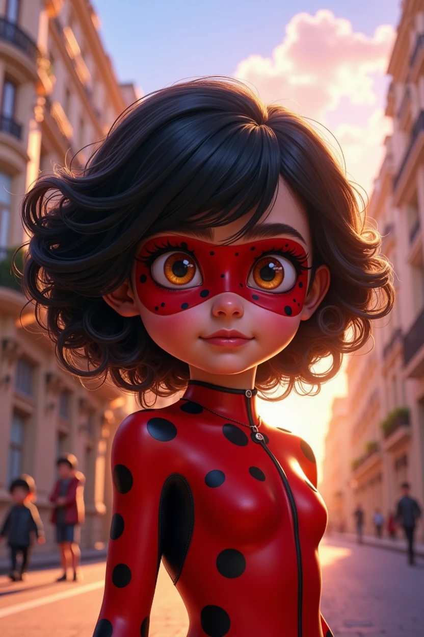 Girl with curly black hair and honey eyes in miraculous lady bug
