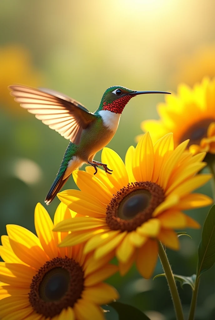 An image of a hummingbird on top of sunflowers