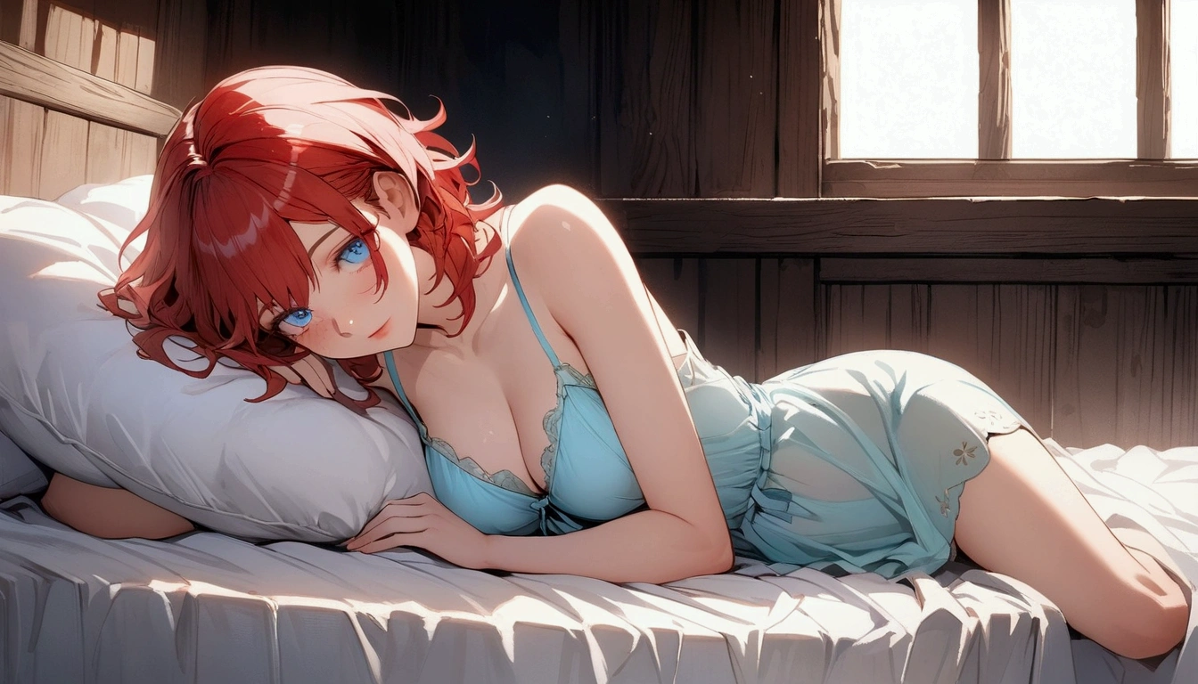 (Masterpiece. The best quality. 8K. Sharp focus. Depth of field, The best shadows. Perfect lighting. HDR. Realistic skin texture. Ultra-detailed background. Detailing). Anime style. Honkai: Star Rail. March 7. 1 girl. Fiery red hair, short hair. Azure blue eyes, beautiful eyes, beautiful eyes, expressive eyes. Beautiful nose, perfect facial features. Perfect anatomical body, slender figure, second size breasts, beautiful breasts, thin waist, rounded hips, beautiful long legs. Nightgown. Captain's cabin. Bed. Bed. Lies on the bed. Lies on its side. Lies full-length. Sleeps in a nightgown. Sleeps in bed. Closed eyes. Described in a dream, A pole of urine flows down her thighs onto the bed. Concept art. Full-length. Full body.