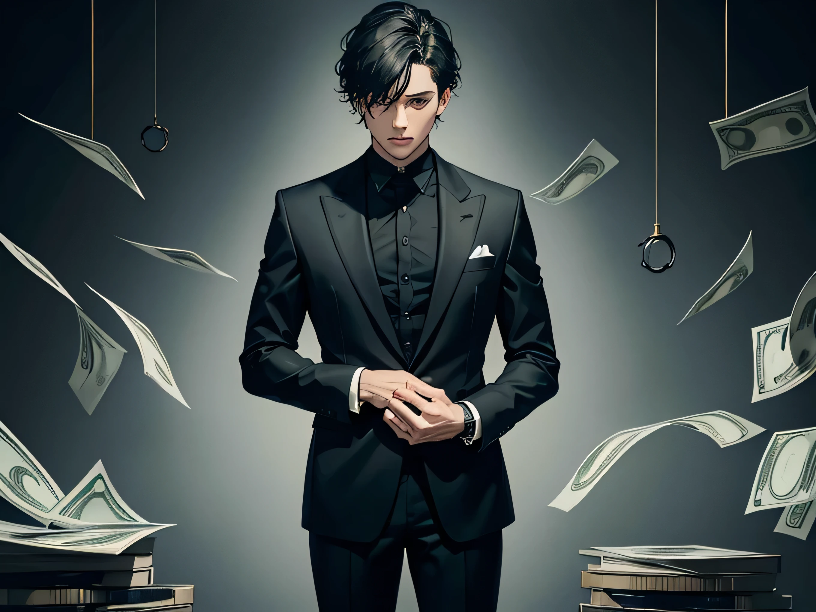 Gender: Male
Attire: A well-fitted black suit, consisting of a jacket and matching trousers. The suit appears to be made from a sophisticated fabric, such as wool or polyester, with subtle details that reflect a certain opulence.
Accessories:
Right Hand: Holding a stack of money, visibly detailed with neatly stacked bills.
Right Wrist: Wearing an elegant wristwatch, possibly in gold or stainless steel, with a classic dial.
Posture: The man is standing upright with a firm and confident stance. His shoulders are aligned, and he is staring straight ahead, as if focused on something distant or a goal.
Background:
Setting: The background consists of a gray brick wall. The bricks have a slightly rough texture and are arranged in a uniform pattern, creating a clear and well-defined masonry backdrop.
Visual Effect: Money is falling from the sky around the man. The bills appear to float and descend slowly, creating a visual effect of abundance and wealth. The money can be shown in various stages of descent, with some bills closer to the ground and others still higher up.
Atmosphere:
Overall Environment: The scene is dark and monochromatic, with the gray wall contrasting with the man’s black suit. The falling money adds a dynamic and vibrant element to the setting, highlighting the concept of wealth and achievement.
Mood: The scene conveys a sense of power and success, symbolized by the man in his elegant suit and the abundance of money falling around him. The gray wall and neutral background serve to highlight the character and the money, keeping the focus on the idea of riches and accomplishment.
Lighting and Colors:
Lighting: The lighting can be soft and diffuse, with a slightly stronger focus on the man and the falling money to create visual emphasis.
Colors: The color palette is dominated by shades of gray and black, with the money providing touches of color and shine. The bills might be depicted with a more intense green or metallic details to draw more attention.