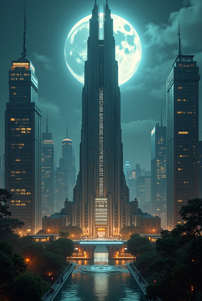 capital building, city hall, city centre, unbelievably tall city hall, extremely tall city hall, ultra tall, multiple buildings, spotlights, birdseye view ,art deco design，streamline moderne，futuristic architecture, Abstraction，modern style，Luxury and Luxury，dark night view，night, full moon, Futuristic decorative elements，Metallic，number line，sci-fi lamp，Virtual Engine，Unreal rendering, neon logo, greenery,