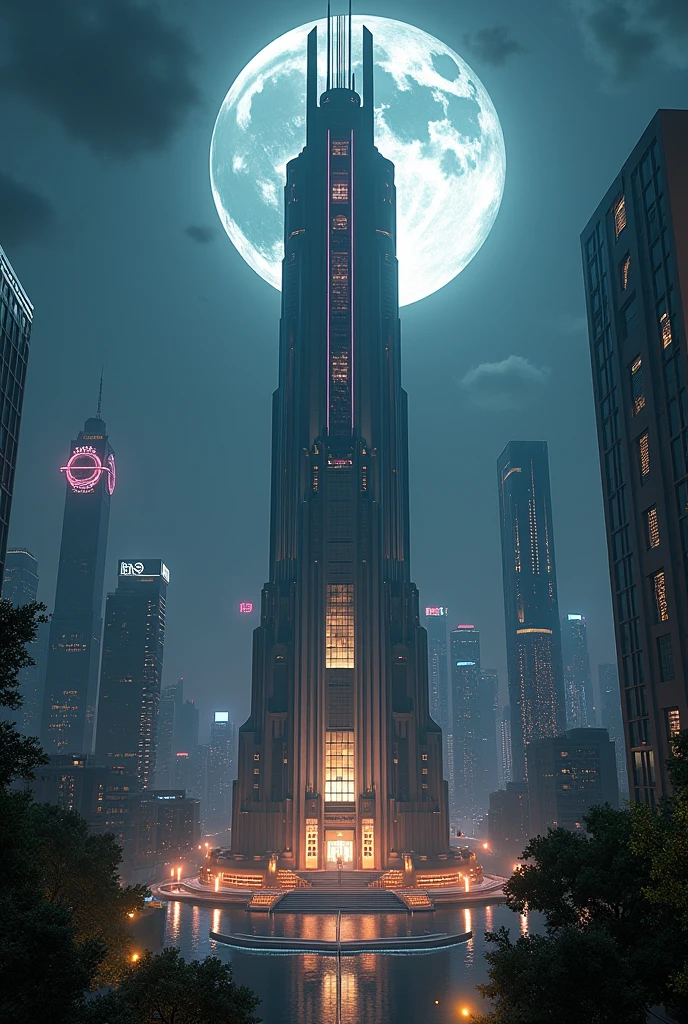 capital building, city hall, city centre, unbelievably tall city hall, extremely tall city hall, ultra tall, multiple buildings, spotlights, birdseye view ,art deco design,streamline moderne,futuristic architecture, Abstraction,modern style,Luxury and Luxury,dark night view,night, full moon, Futuristic decorative elements,Metallic,number line,sci-fi lamp,Virtual Engine,Unreal rendering, neon logo, greenery,