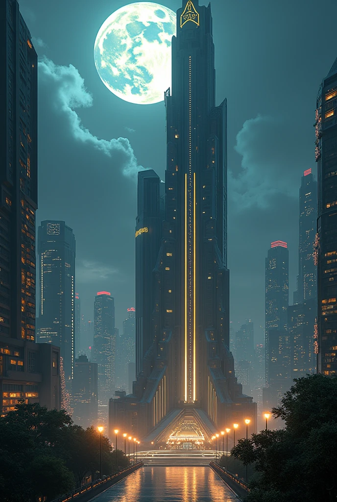 capital building, city hall, city centre, unbelievably tall city hall, extremely tall city hall, ultra tall, multiple buildings, spotlights, birdseye view ,art deco design,streamline moderne,futuristic architecture, Abstraction,modern style,Luxury and Luxury,dark night view,night, full moon, Futuristic decorative elements,Metallic,number line,sci-fi lamp,Virtual Engine,Unreal rendering, neon logo, greenery,