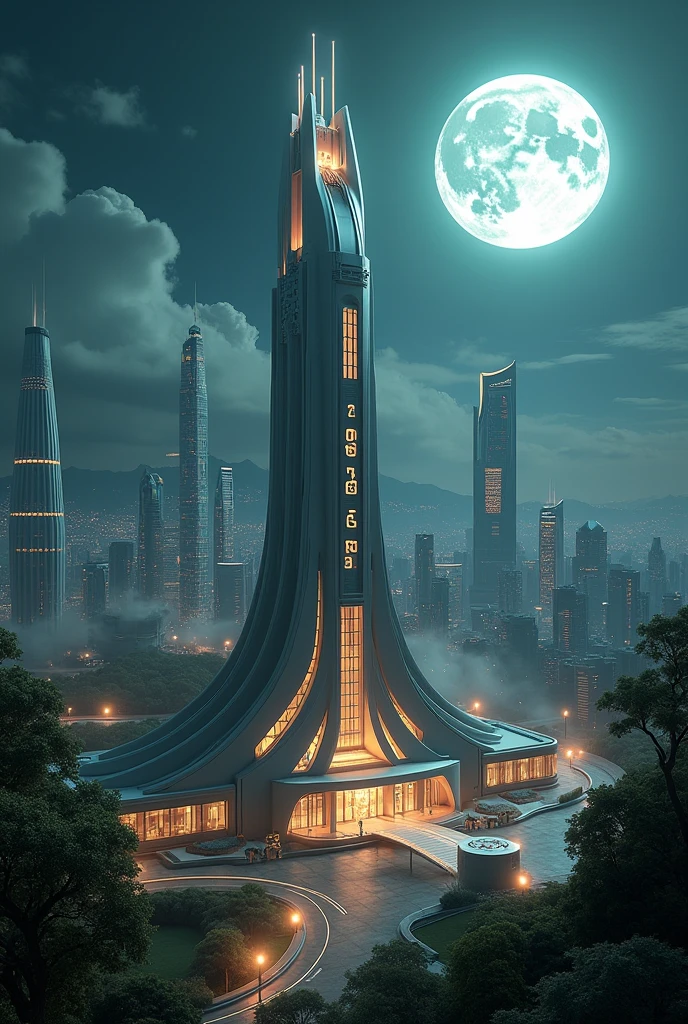 capital building, city hall, city centre, unbelievably tall city hall, extremely tall city hall, ultra tall, multiple buildings, spotlights, birdseye view ,art deco design，streamline moderne，futuristic architecture, Abstraction，modern style，Luxury and Luxury，dark night view，night, full moon, Futuristic decorative elements，Metallic，number line，sci-fi lamp，Virtual Engine，Unreal rendering, neon logo, greenery,