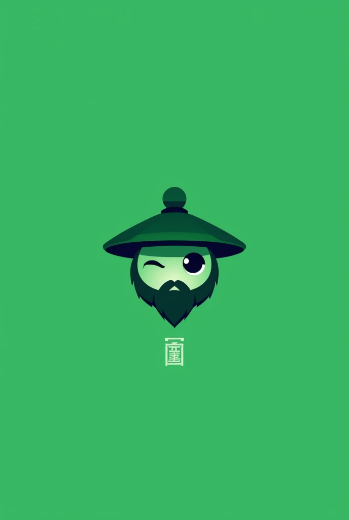 Green minimalist logo with a character resembling a gaming mouse, a stone spirit winking with its left eye, wearing a Japanese hat with a beard and the signature at the bottom Right Click