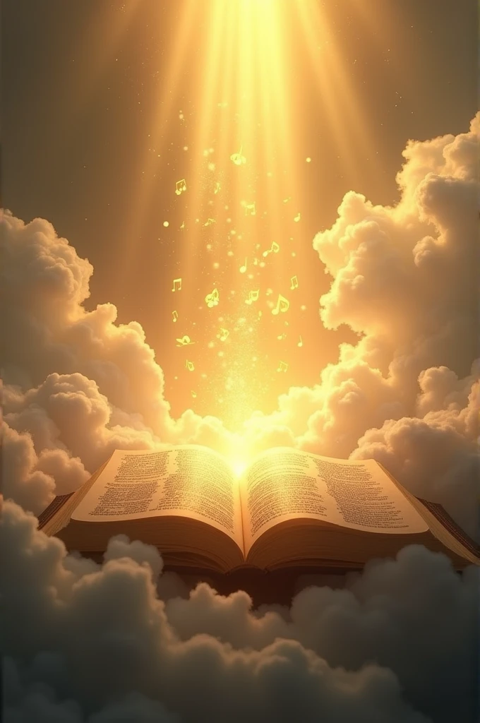 open bible, in the middle of the page golden musical notes emerge between half clouds shining the glory of God