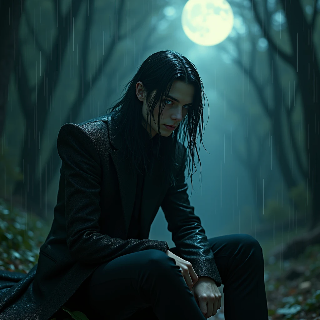 A sexy young male with long black hair, teal blue eyes with shiny gothic clothing, sitting under the moonlight. (((Gloomy atmosphere))) ((gloomy))) (((unhappy))) (((despair))) Surreal, Insanely detailed, Detailed face, extremely detailed texture, Ultra Detail, Detailed face. Exquisite details and textures, no facial or body hair. ((Depressed)) ((smooky)) (((heavy rain)) ((rainy)))) (((cold))) (((forest)))