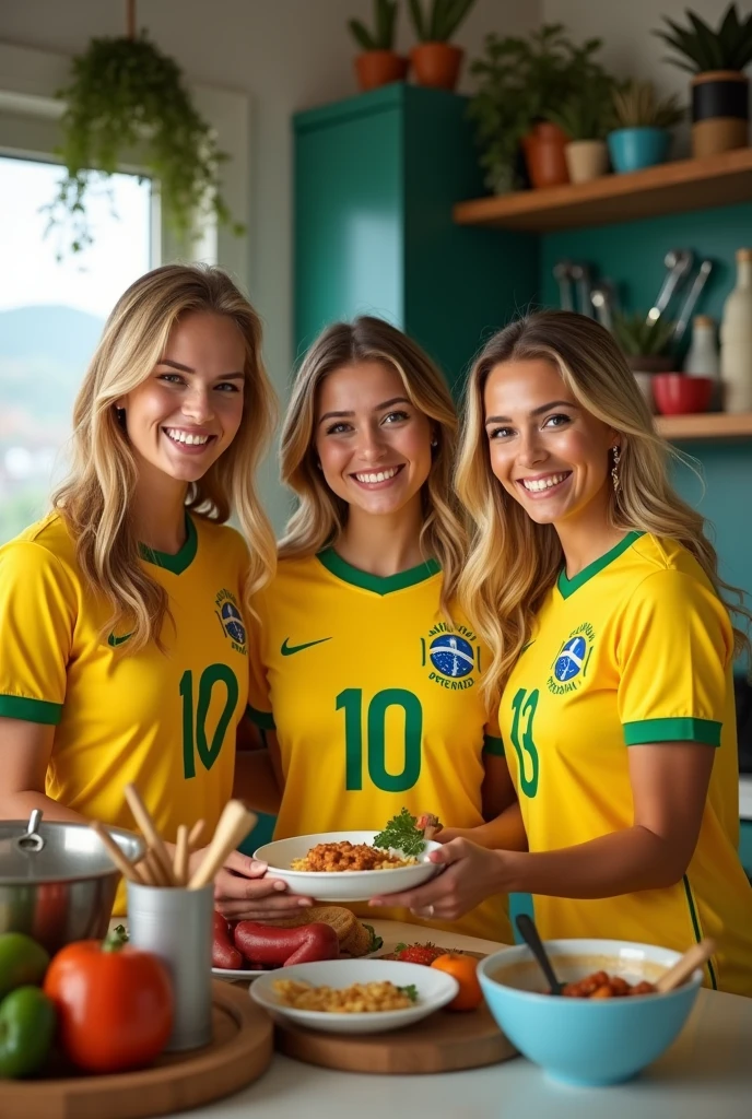 make an image with beautiful blonde women dressed in the uniform of the Brazilian football team (yellow shirt and blue shorts) getting food in the kitchen each one has to have a different number on their shirt they have to be smiling and looking at the photo, show more of the kitchen