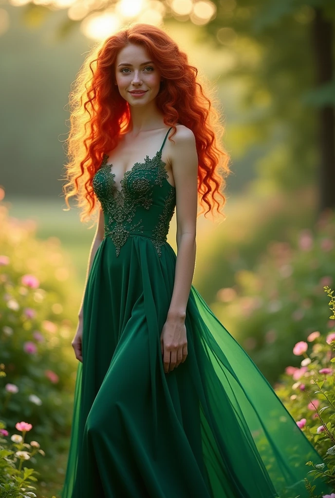 Curly redhead girl in long green prom dress full body 