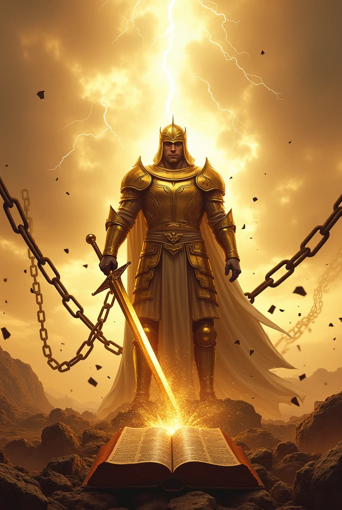 Description of the cover: fund: O fund da capa deve ser uma paisagem com luz do céu, maybe a sky and lightning flashing in the distance. This setup creates an epic, intense and bright tone.. some points of light floating around the Soldier: In the center of the cover, there is an imposing soldier, dressed in shining golden armor based on Ephesians 6 from the Bible with helmet and details, e ao fund uma grande bíblia transparente Ação:
 The soldier is in a dynamic pose, holding a large, powerful sword that cuts through heavy chains. your face should not show chains being destroyed The chains break in several directions, with fragments flying around, many broken chains symbolizing liberation and breaking of bonds. expression: your posture conveys strength and confidence. 
Additional Detail: your face should not appear Add elements of brightness, lots of light around his head and light around the broken chains and sword to highlight the action and the sense of power. Small touches of light can also be added to the armor to give a more heroic effect PUT THE NAME OF THE AUTHOR Damaris axe at the bottom 