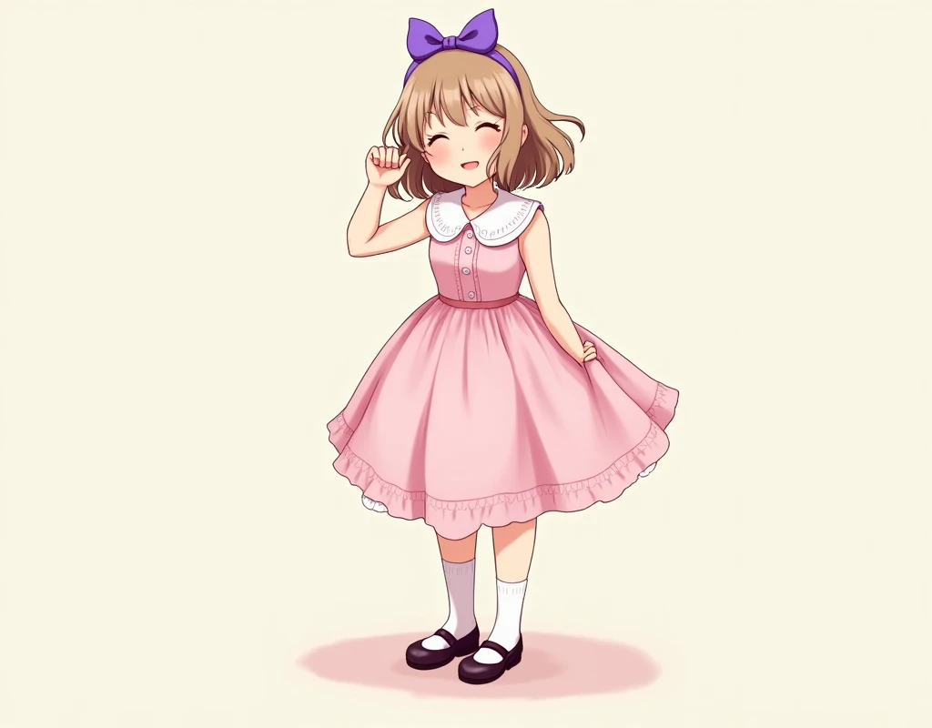 cute anime girl with shoulder length, slightly wavy light brown hair, purple bow in hair, wearing a 1950s-styled sleeveless pink dress with peter pan collars and hemline above the knees, also wearing a pair of mary jane shoes and socks. plain background. raising hand to fix bow, exposed armpits.