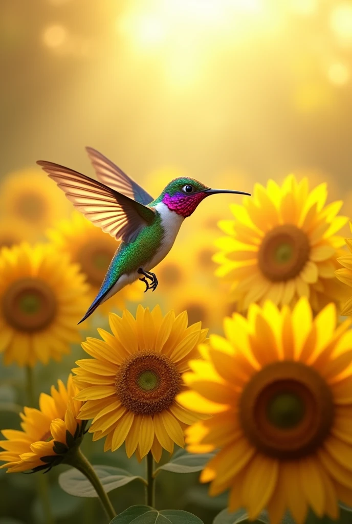 An image of a hummingbird on top of sunflowers