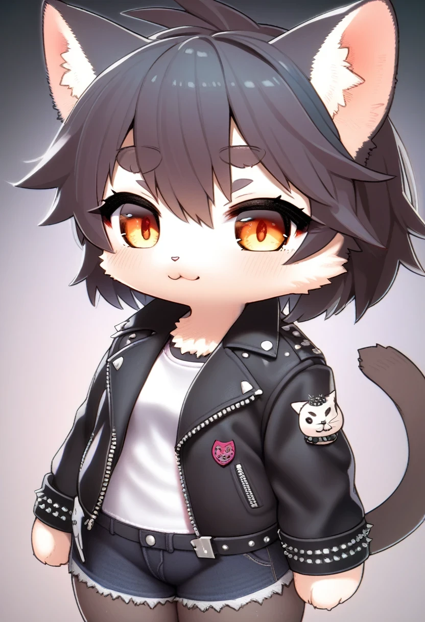 ((Masterpiece)), ((Best Quality)), (Very Detailed), ((Very Detailed)), 4K, (8K), very aesthetic, absurdres highres, 1 woman, (anthropomorphic cat, furry, kemono:1.5), chibi, Draw a woman with the style of a (Punk Fashion:1.5), Black Leather Jacket,
