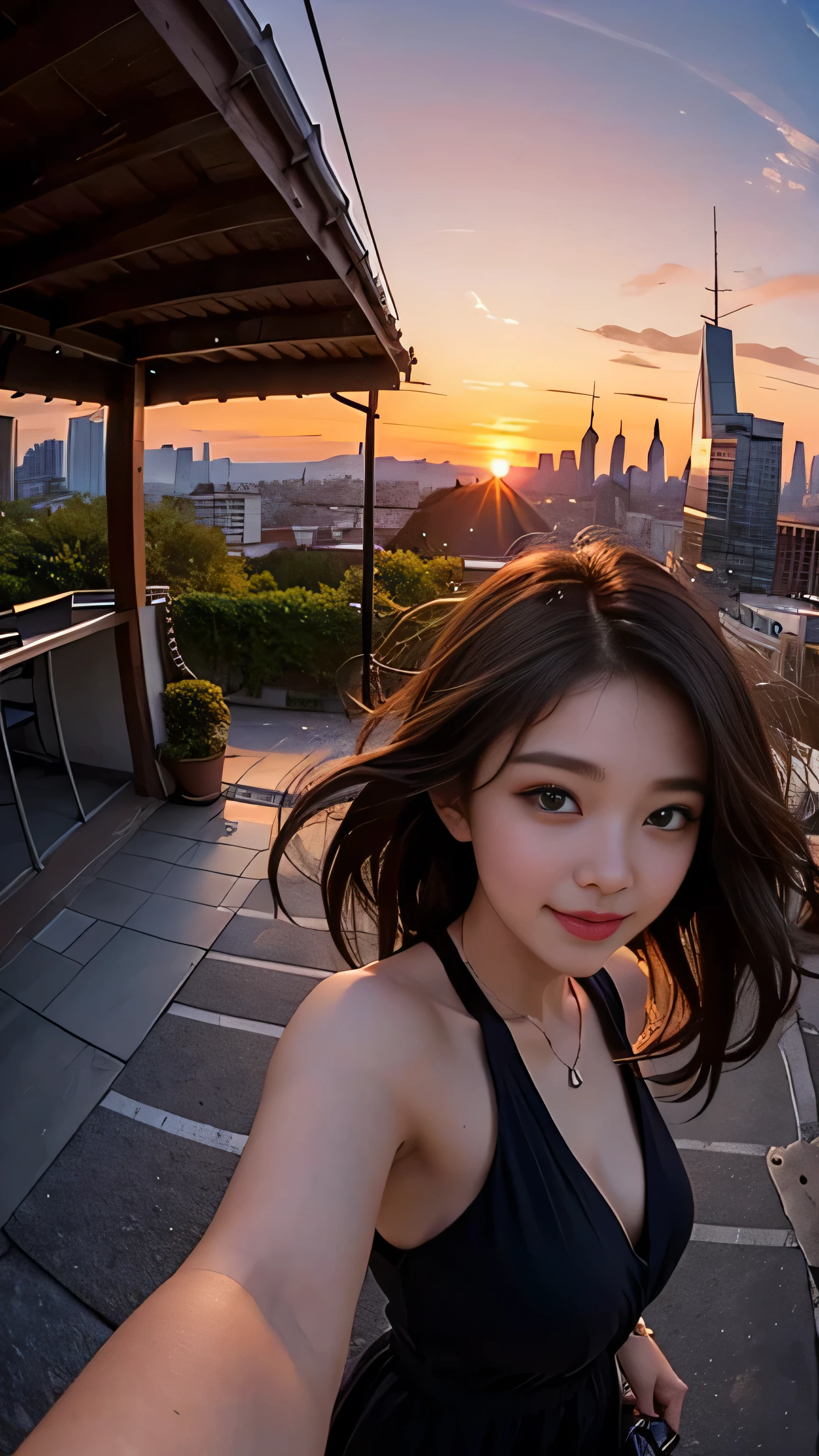 One girl, Korean, Fisheye Lens, Selfie, Wind, Messy Hair, sunset, Cityscape, (Aesthetics and atmosphere:1.2),smile
