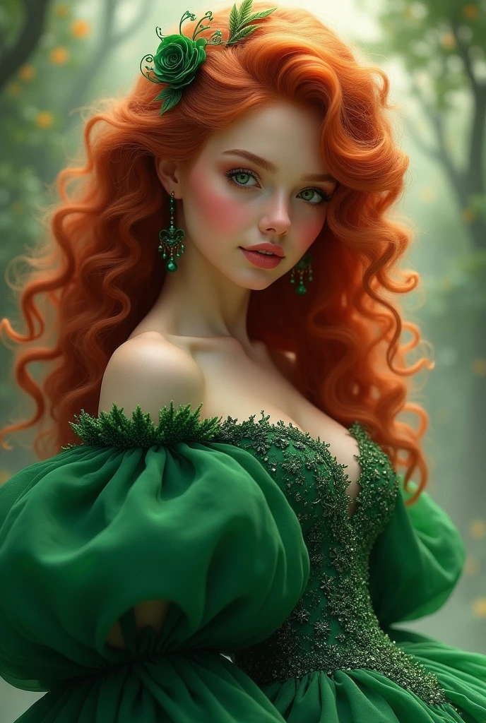 Curly redhead girl in long green dress with full length ball gown sleeves 