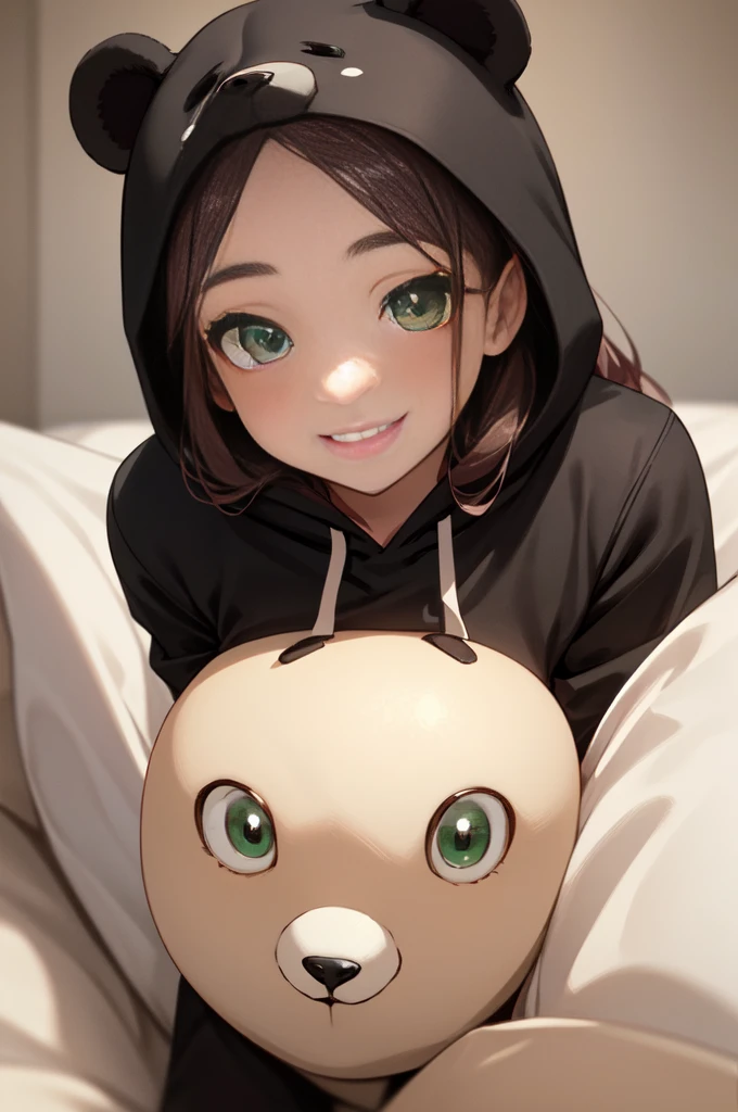 beautiful, (masterpiece), Highest quality, (extremely detailed face), extremely detailed eyes,  Perfect lighting, 全体detailed, detailed, Deep Skin,Textured skin,
,bear costume ,black bear costume, Long sleeve, Wearing a hood,,mallow , Long Hair, Green Eyes, Big smile,On the bed ,sit between the pillows,
,