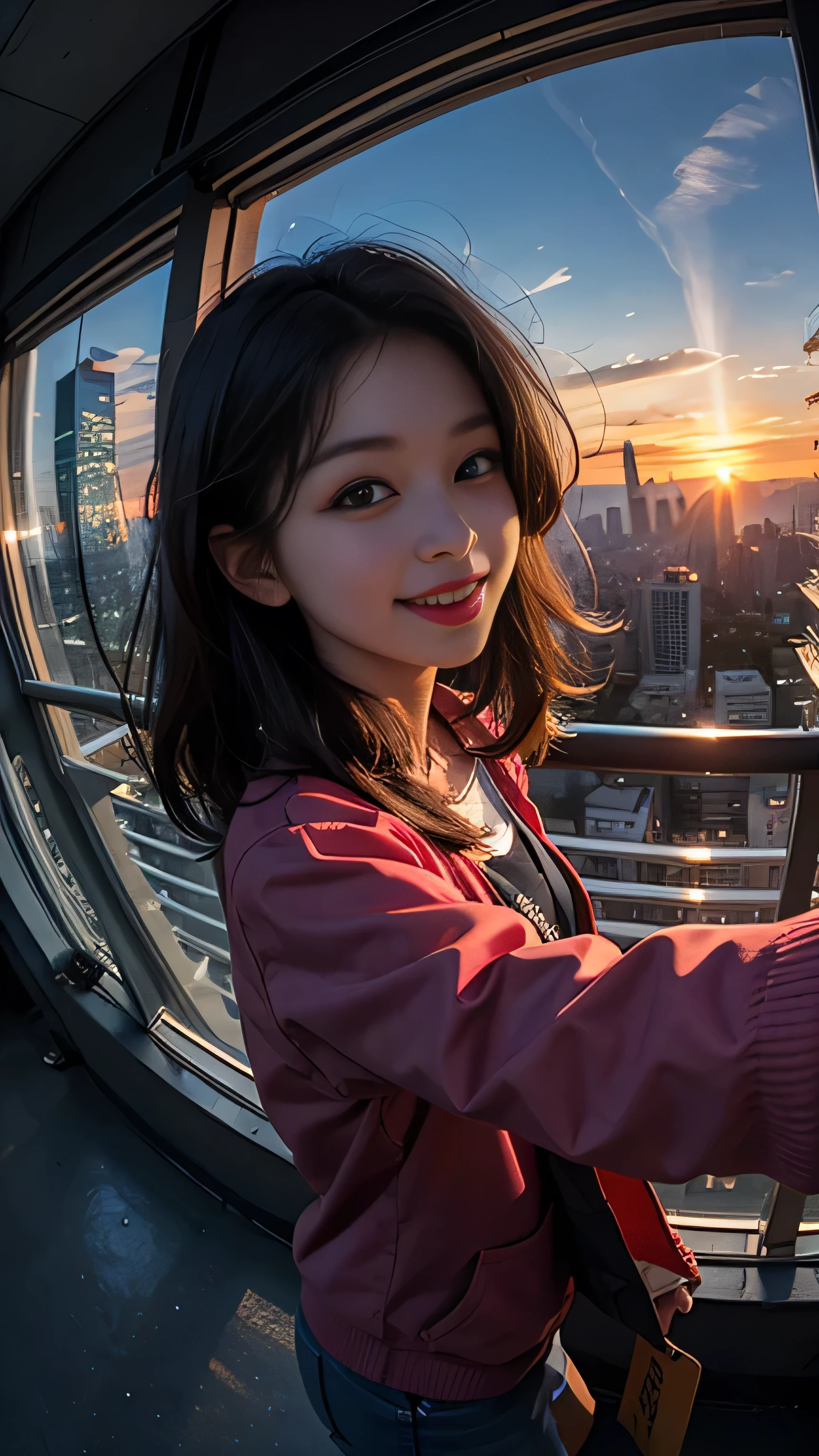 One girl, Korean, Fisheye Lens, Selfie, Wind, Messy Hair, sunset, Cityscape, (Aesthetics and atmosphere:1.2),smile