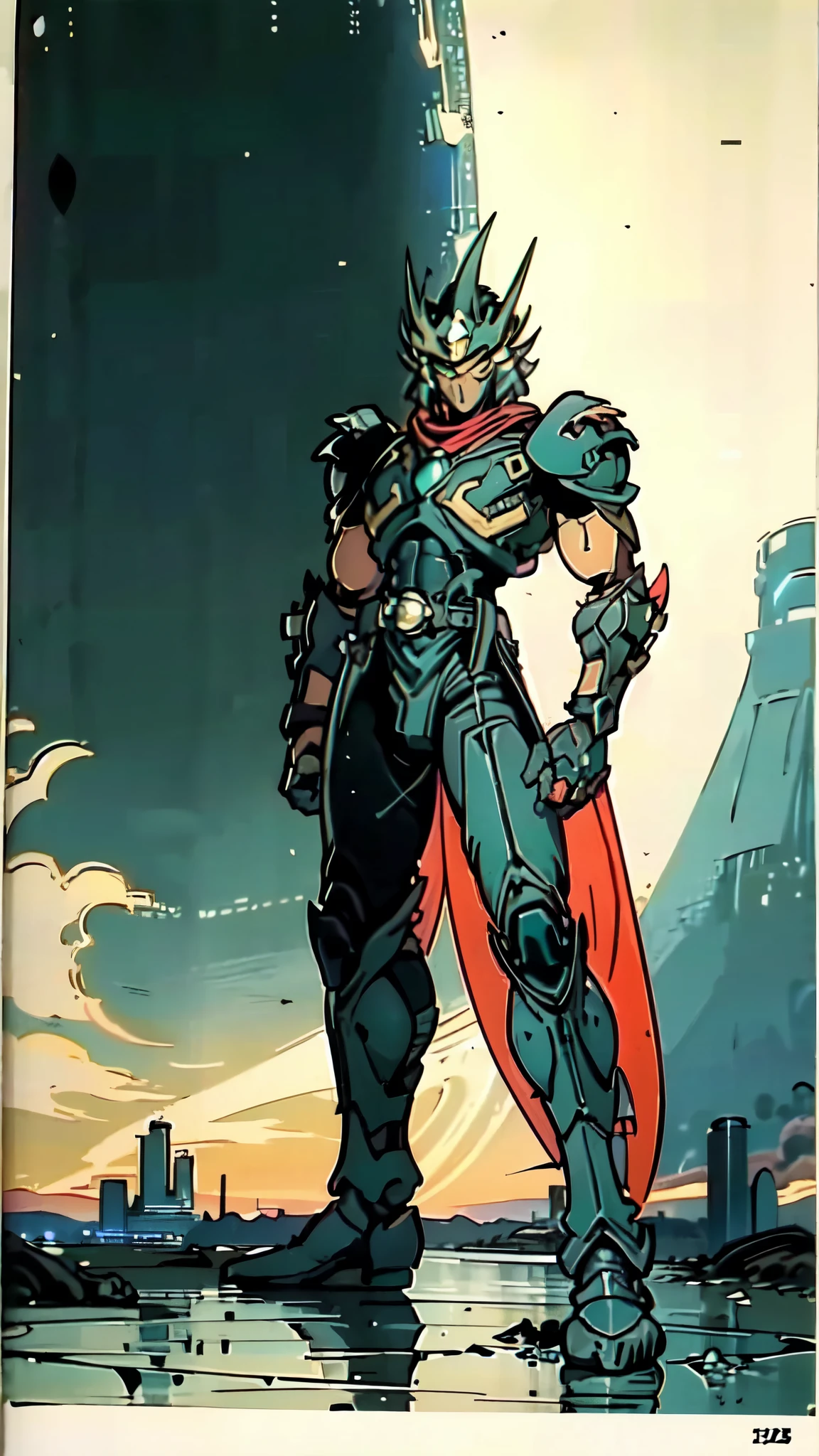 (masterpiece:1.5, best quality:1.5, extremely delicate:1.5), a man wearing a full-face helmet, a fantasy-style biotech armored combat suit, green eyes, (a composite layered chest armor), fully enclosed shoulder guards, matching arm and leg guards, belt of Neon circuit, (the color scheme is primarily black with green and red accents), the design balances heavy with agility, a high-tech bio-mecha armor, (Armor Concept Inspired by Kamen Rider, stand on the top of a skyscraper in a futuristic sci-fi city), this character embodies a finely crafted fantasy-surreal style armored hero in anime style, exquisite and mature manga art style, (element, plasma, energy, the armor glows), ((male:1.5)), metallic, high definition, highres, ultra-detailed, ultra-fine painting, professional, perfect body proportions, golden ratio, anatomically correct, symmetrical face, extremely detailed eyes and face, high quality eyes, creativity, RAW photo, UHD, 32k, Natural light, cinematic lighting, masterpiece-anatomy-perfect