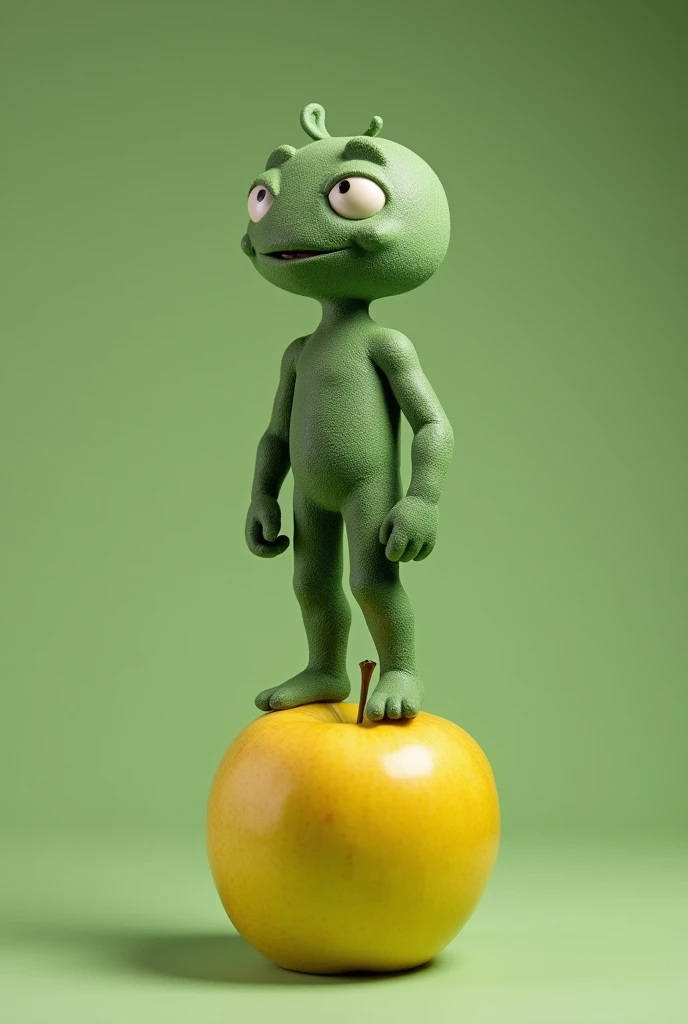 A green skinned man, grey bg, standing on a yellow apple