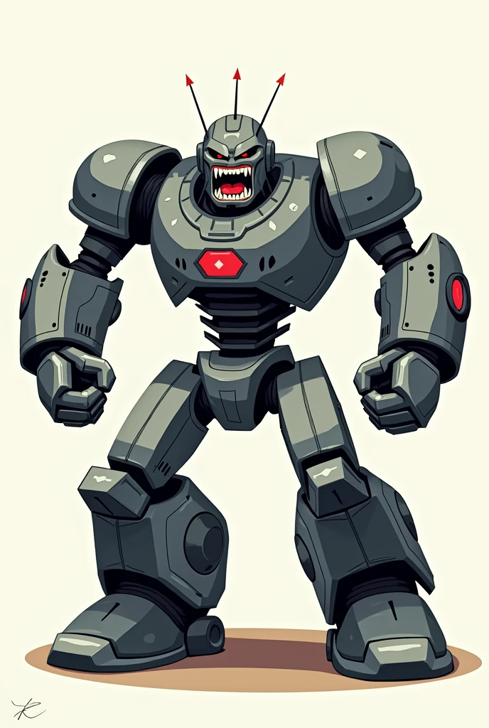 make a mascot for a logo, a robot raising his arms PISSED OFF with a crazy face raising his arms