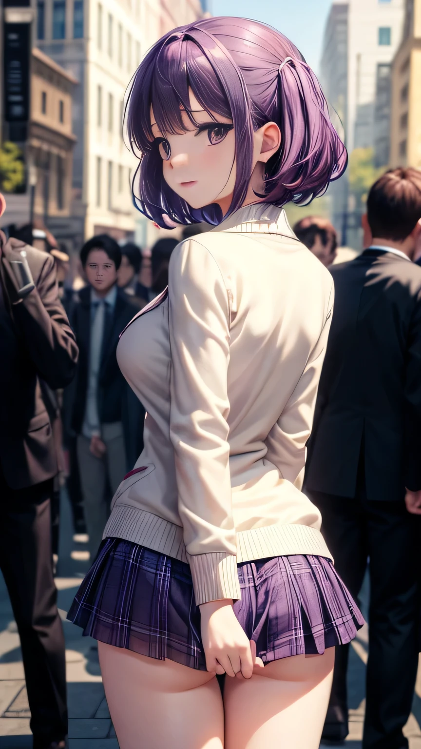(Very detailed CG Unity 8K wallpaper),(masterpiece), (Highest quality), (Very detailed), (Best illustrations),(Best Shadow)、Large Breasts、crowd、(Men touching skirts 1.2)、Embarrassed and blushing。Purple eyes and very short purple hair、White blouse、Blue tie、Checked mini skirt、Beige cardigan、Angle from behind