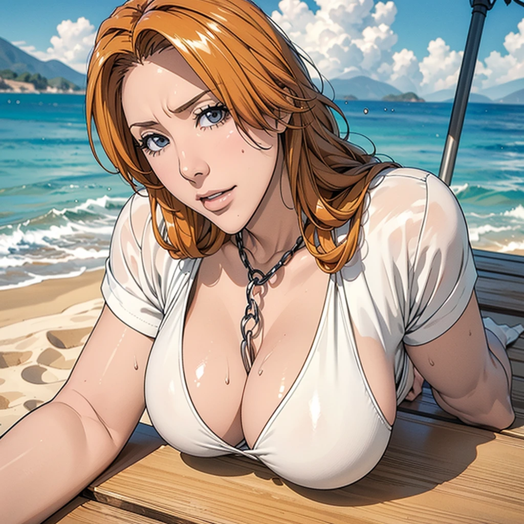 ((Master quality, 8K, masterpiece:1.3, ultra-detailed, high resolution, RAW Photos, detailed background, cinematic lighting)), Actual, Realistic, photo, HDR, detailed eyes, perfect anatomy, perfect hands, BREAK, One person alone, Matsumoto Rangiku, (lying on her back on a Sun_lounger and posing sexy), Grey Eyes, Honey Hair, Long Orange hair, Adult beautiful woman, huge Breasts, Cleavage, Slim waist, smile, Sweat-soaked skin, (Oily skin, Glowing Skin, Shiny skin, Professional Lighting), Silver Chain, wearing( very short length white t-shirts with open chest and white ultra-low-rise bottoms), Graffiti art, (, Random Angle, full-body, ), BREAK, Beach_parasol, Beach cocktails on a round table, dynamic angle, outdoor, beach