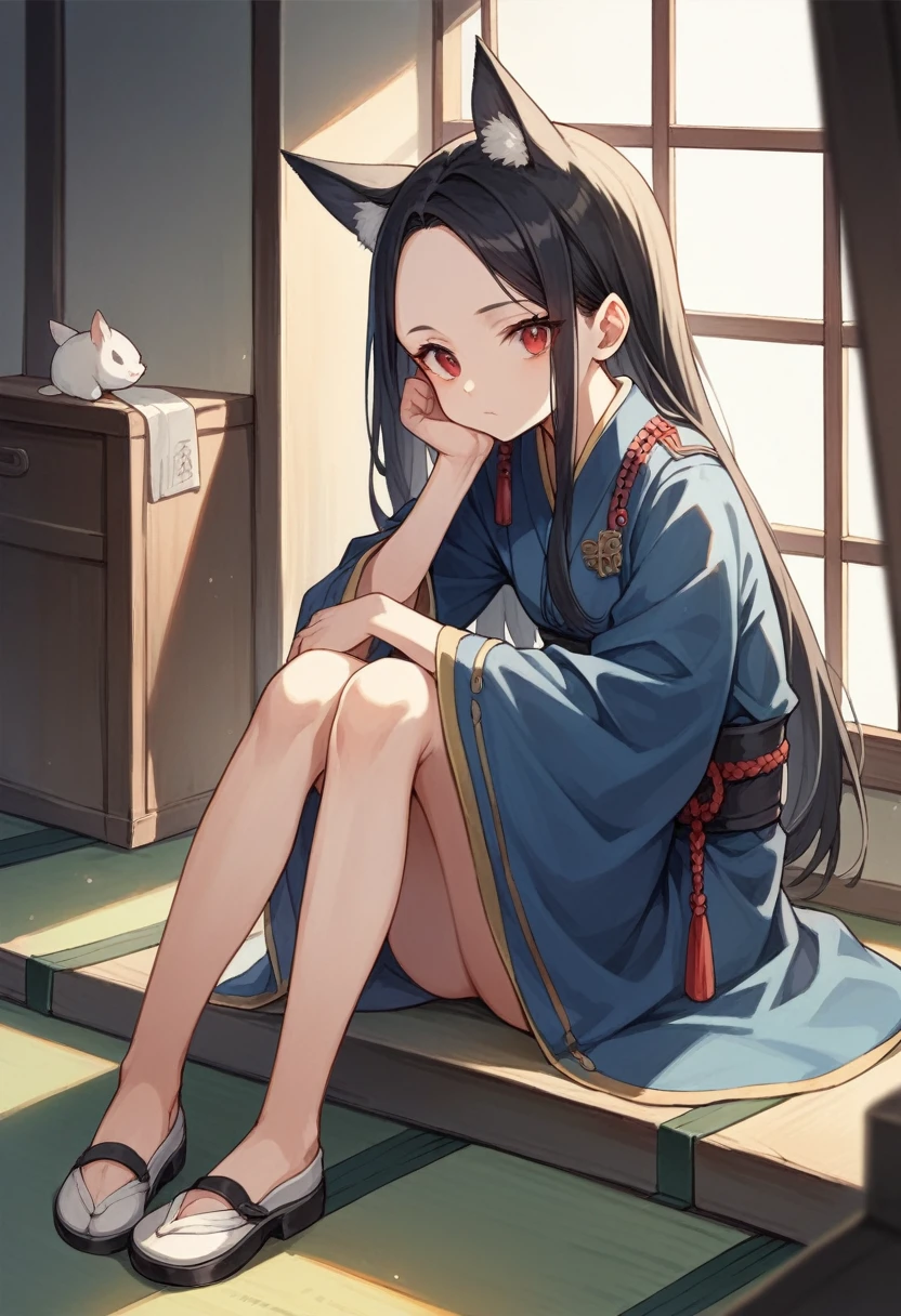 (masterpiece:1.2, Highest quality),(Anime Style),Visible from the knees to the head, Young Girl,Animal ears,Red Eyes,Black Hair,Long Hair,Forehead is visible,Navy blue kimono,Japan,Japanese-style room