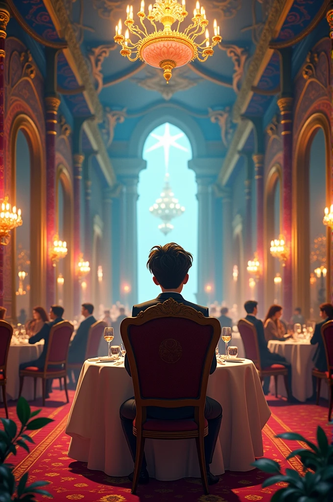 A non realistic background for an animation.
It should be a fancy restaurant in which our pov is in a chair waiting for our partner for a date