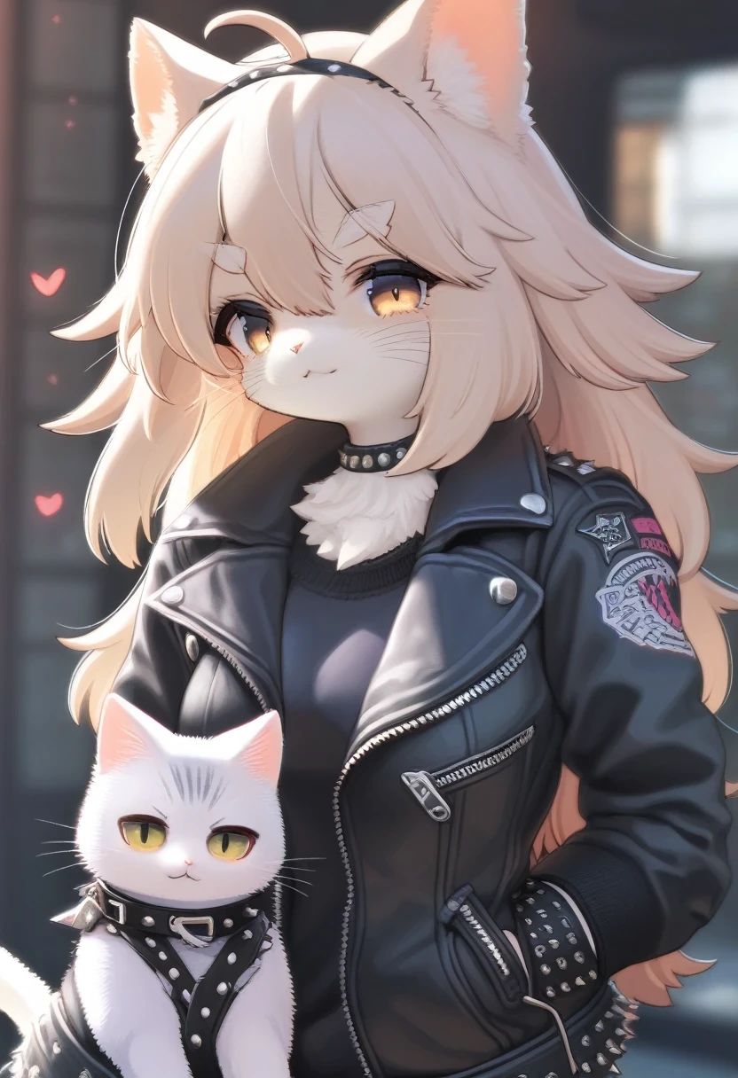 ((Masterpiece)), ((Best Quality)), (Very Detailed), ((Very Detailed)), 4K, (8K), very aesthetic, absurdres highres, 1 woman, (anthropomorphic cat, furry, kemono:1.5), Draw a woman with the style of a (Punk Fashion:1.5), Black Leather Jacket,
