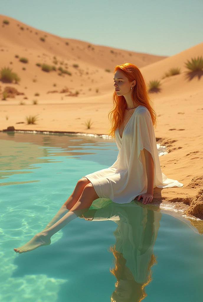 Option 1: A Desert Oasis
Description: "She was a mirage made manifest, a vision of ethereal beauty in the heart of a sun-baked desert. Her hair, once a fiery red, was now bleached to a soft blonde by the relentless sun, framing a face that was both delicate and weathered. Clad in a flowing white gown, she sat at the edge of a crystal-clear oasis, her reflection shimmering on the water's surface. The contrast between her delicate form and the harsh, barren landscape was striking, and yet, she seemed perfectly at home."
Option 2: A Wanderer's Rest
Description: "Beneath a canopy of palm trees, she found respite. Her journey through the desert had taken its toll, but her spirit remained unbroken. Dressed in earthy tones, she blended seamlessly with the natural surroundings. A small, silver locket dangled from her neck, a reminder of a life left behind. Her eyes, once filled with uncertainty, now held a serene calm as she gazed out at the endless horizon."
Option 3: A Desert Queen
Description: "She was the queen of this arid kingdom. Dressed in gold and jewels, she sat upon a throne of sand, her silhouette outlined against the setting sun. Her hair, a cascade of dark curls, flowed down her back like a waterfall. In her hand, she held a golden goblet, filled with the elixir of life. Her expression was one of both power and solitude, a ruler of a desolate realm."
Would you like me to explore one of these options further, or perhaps combine elements from different scenes?

Here are some additional elements we could consider adding:

Wildlife: A desert snake, a hawk circling overhead, or a family of gazelles.
Artifacts: An ancient artifact, a forgotten diary, or a piece of jewelry.
Atmosphere: Mysterious, romantic, haunting, or hopeful.
Symbolism: The desert as a metaphor for life, loss, or rebirth.