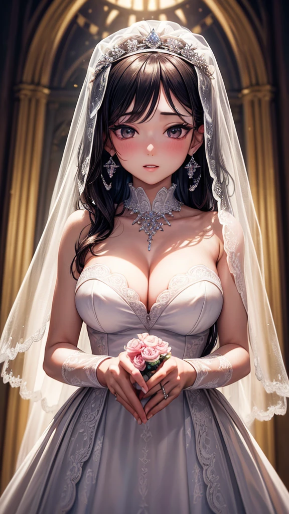 (masterpiece), best quality, best quality, Highly detailed CG Unity 8k wallpaper, The original, high resolution, (Depth of Field: 1.5), Honesty: 1.3, breast, bride portrait style, 1 girl, curtain, veil , bridal veil, Wedding dress, curtain, Jewelry, Solitary, earrings, teeth, bride, Black_hair