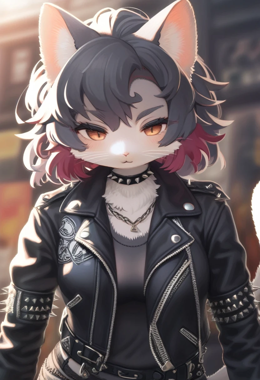 ((Masterpiece)), ((Best Quality)), (Very Detailed), ((Very Detailed)), 4K, (8K), very aesthetic, absurdres highres, 1 woman, (anthropomorphic cat, furry, kemono:1.5), Draw a woman with the style of a (Punk Fashion:1.5), Black Leather Jacket,
