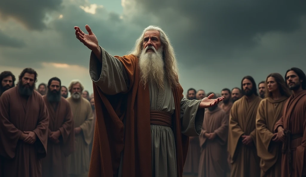 prophet Enoch, Man with white beard, age between 70 years, Enoch showing the flood visions to humanity
