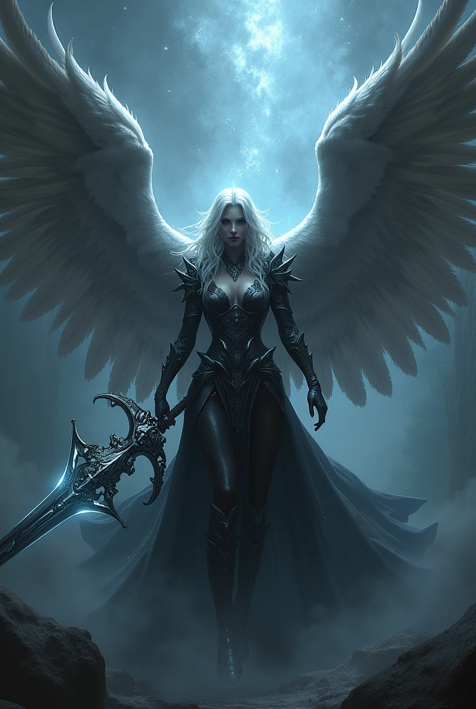 Gtirthura the winged dark warrior angel, holding a key-sword with silver bird wings in her hand 