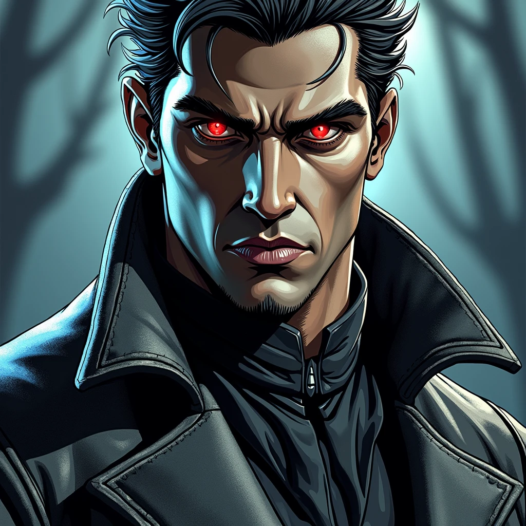 Create the image of a black-skinned vampire with crimson eyes, who wears dark colored clothes (with a black leather overcoat) following the following story:

Geroult Belmont was a renowned vampire hunter in early 20th century Europe.. in 1920, after years of loyal service to his master, Damian Wayne, Geroult was bestowed with a gift that would seal his loyalty forever.. Damian, a powerful vampire, hugged Geroult, turning him into an immortal, not as a servant, but as a son.

From that moment, Geroult is no longer just a hunter; he became part of Damian&#39;s ancient and powerful vampire family. Under the tutelage of his new father, he learned to master his new powers, diving deep into the supernatural world. Damian entrusted Geroult with the most difficult missions, sending him as a mercenary in the shadows, to fight in the bloodiest wars of the century. Geroult fought in the trenches of World War II, in the jungles of Vietnam, and in the deserts of the Middle East, always fulfilling his duty to the family.

After decades of bloody battles, Geroult Belmont, the once vampire hunter turned immortal, was at the height of his power. Living with Damian Wayne, the vampire who embraced him and transformed him, had refined his skills, making him a living legend among those who inhabited the shadow world. Damian, always a demanding and astute mentor, knew the intricacies of human and supernatural wars, and molded Geroult to be his ultimate warrior, your emissary on the most dangerous missions.

During the Cold War, Damian intensified Geroult&#39;s training, preparing you to deal with clandestine operations and psychological warfare. 