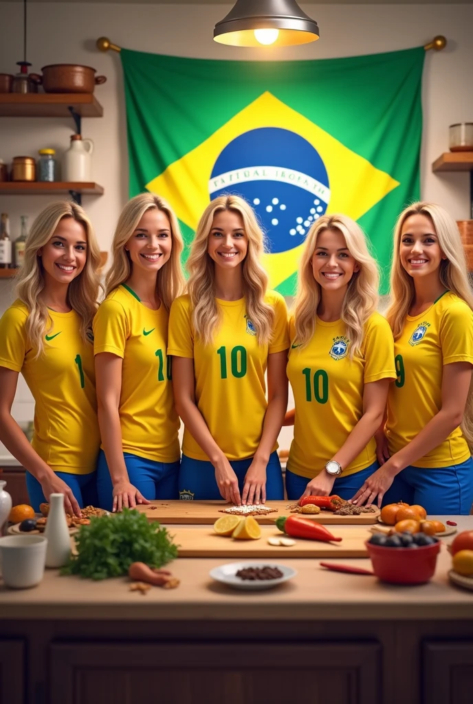 make an image with beautiful blonde women dressed in the uniform of the Brazilian football team (yellow shirt and blue shorts) getting food in the kitchen each one has to have a different number on their shirt they have to be smiling and looking at the photo, show more of the kitchen the brazilian flag has to be in the background of the image