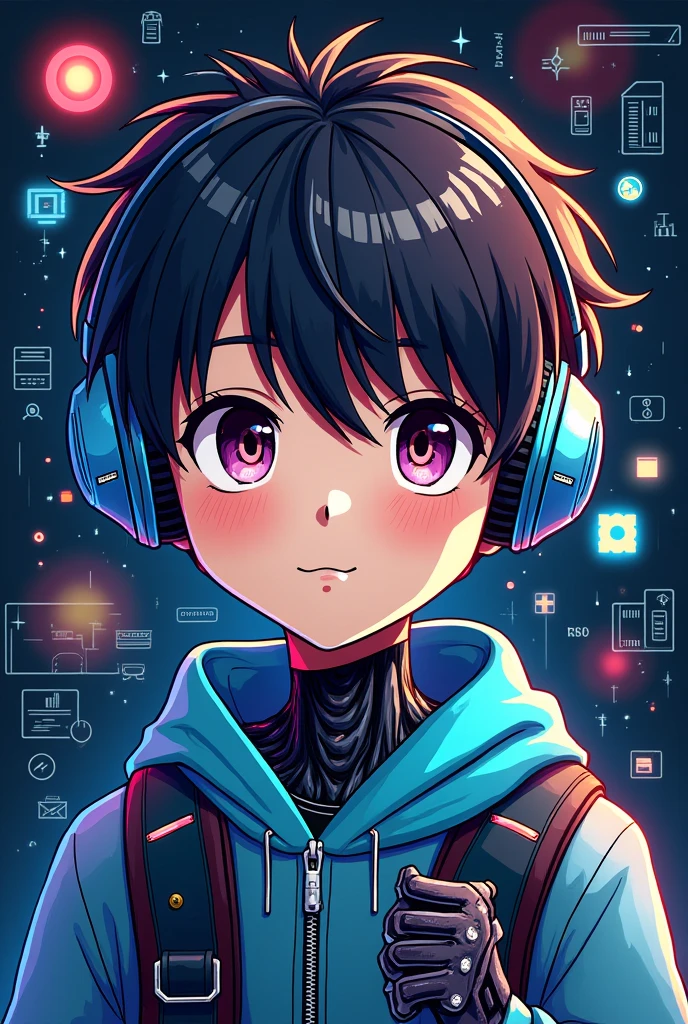 Create a logo image for your Facebook page profile ( technological color image, that has to do with school, education, book reading, newspaper, cellular, computer) put in the logo, the face of an anime style boy, the boy's face, metade humano, half robot.