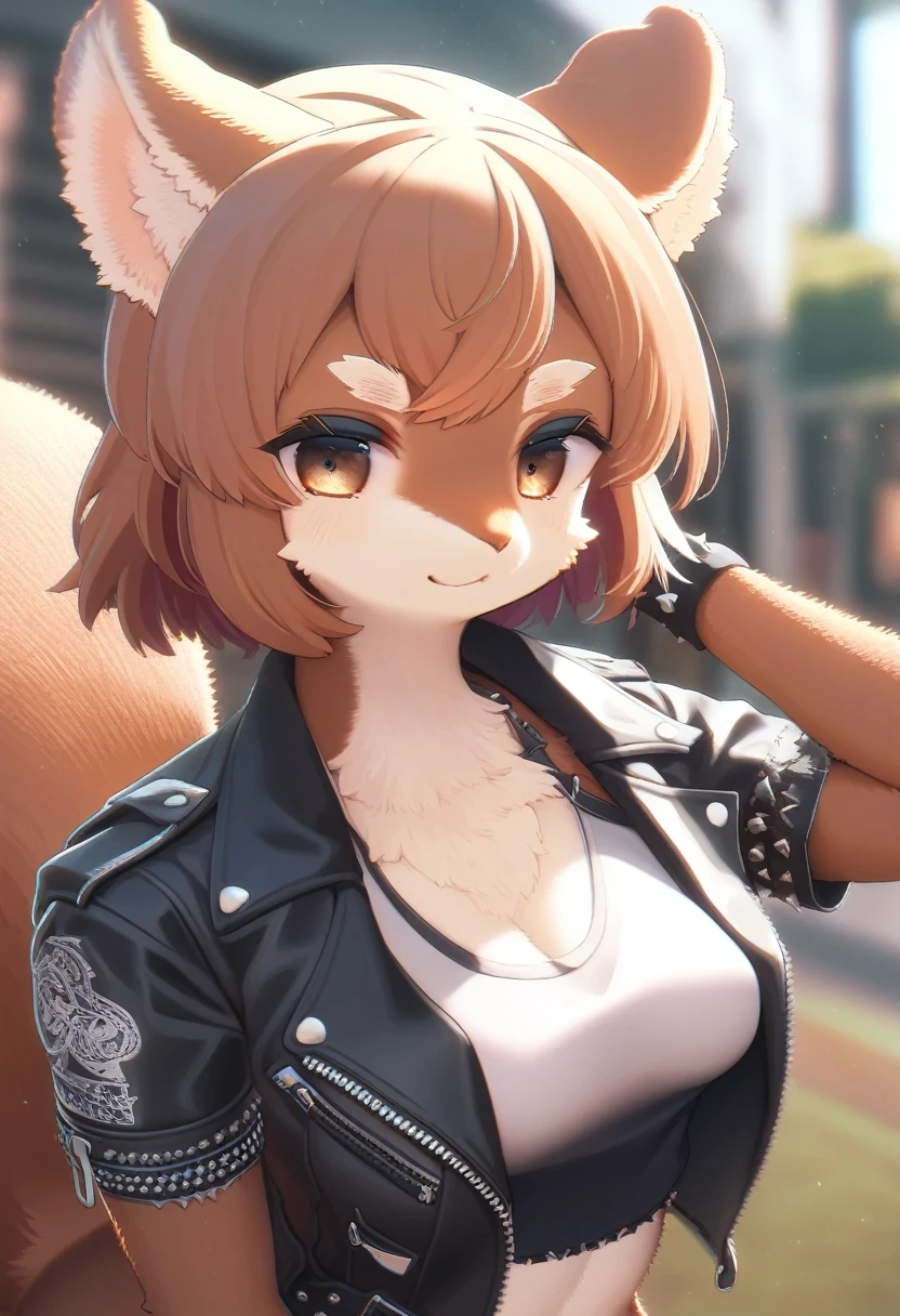 ((Masterpiece)), ((Best Quality)), (Very Detailed), ((Very Detailed)), 4K, (8K), very aesthetic, absurdres highres, 1 woman, (anthropomorphic squirrel, furry, kemono:1.5), Draw a woman with the style of a (Punk Fashion:1.5), Black Leather Jacket,