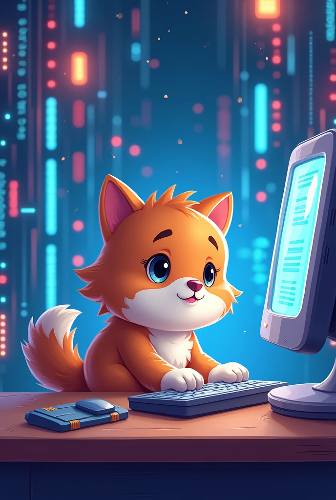 Create a technological background image for Instagram posts with a cartoon pet in front of a computer learning to program